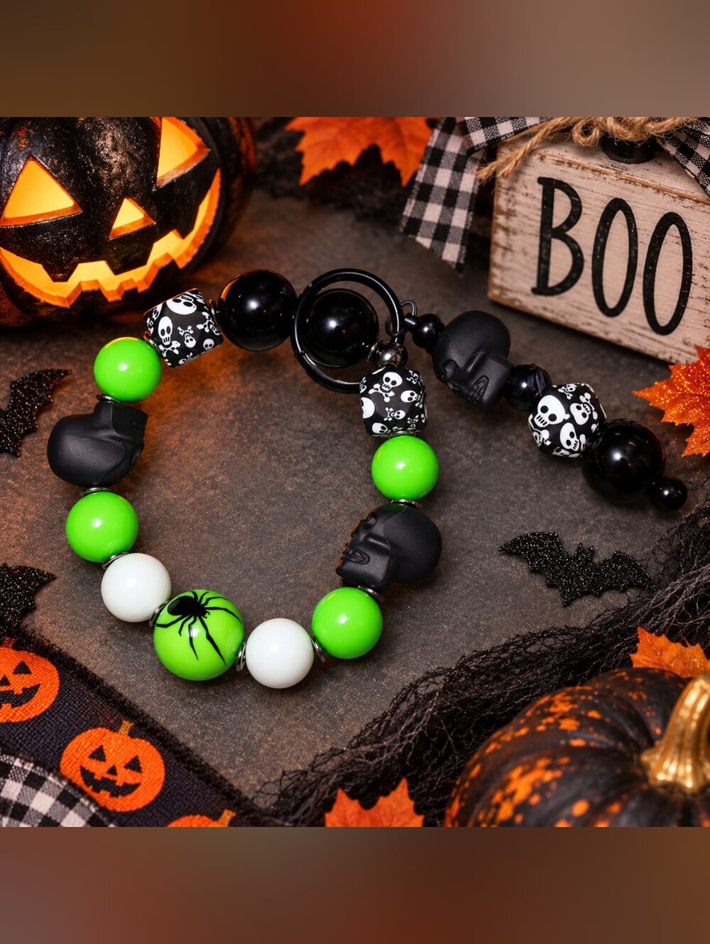 Skull & Spider Halloween Themed Beaded Keychain